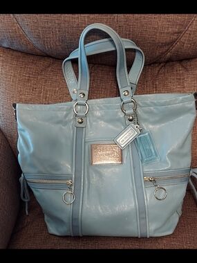 Coach Light Blue Patent Leather Tote with Silver Hardware